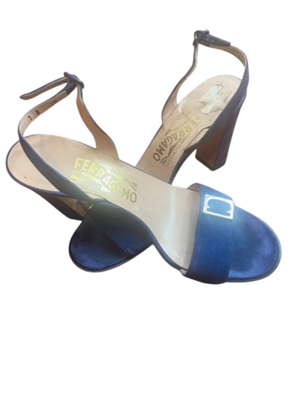 Vintage y2k Salvatore Ferragamo Blue Suede Slingback Block Heels Silver Buckle - Picture 4 of 16